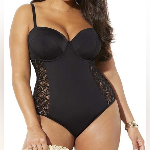 Meet curve black Black Lace Panel Swimsuit one piece size 4X new with tags - Picture 1 of 7